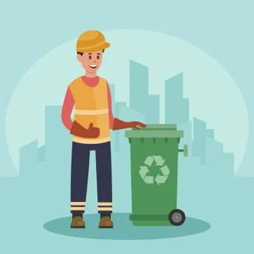 Garbage man with trash container. Recycling concept. City background. Flat Иллюстрация