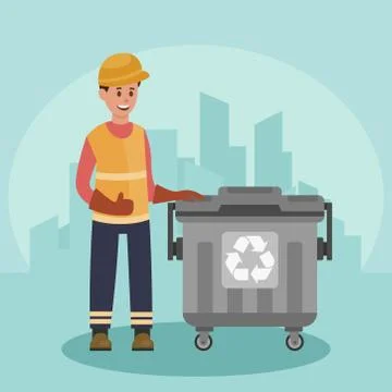 Garbage man with trash container. Recycling concept. City background. Flat Stock Illustration