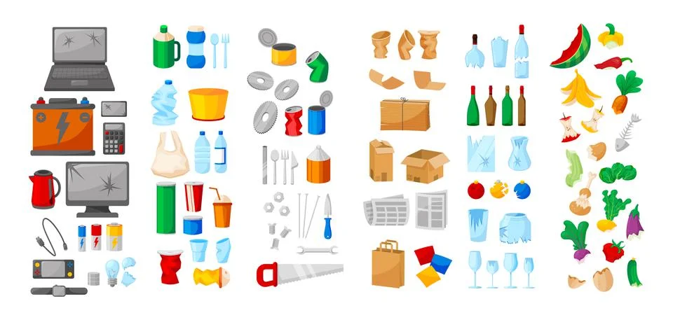 Garbage objects. Rubbish sorting. Plastic, metal and organic landfill symbol. Stock Illustration