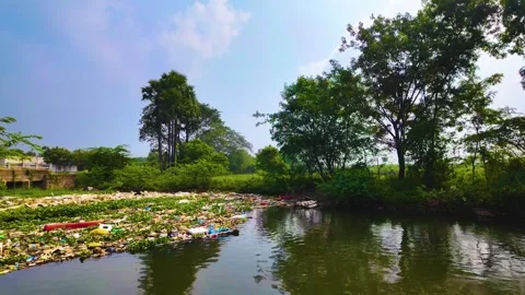 Garbage Obstructing the Flowing River Water - Leftwards Stock Footage 262212548