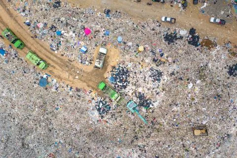 Garbage or waste Mountain or landfill, Aerial view garbage trucks unload garb Stock Photos