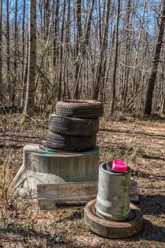 Garbage pile at a park Stock Photos