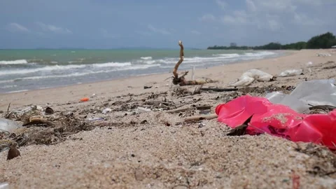 Garbage piled up on the beach represents a serious environmental and natural iss Stock Footage 312586118