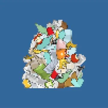 Garbage pixel art. 8bit Pile Rubbish. Stack trash. litter background. peel fr Stock Illustration