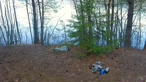 Garbage, plastic waste and bottles in forest on river bank. Smoke from bonfire. Stock Footage 135996274