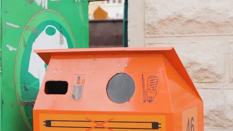 Garbage point disposal of batteries and bulbs. eco management system Stock-Footage 119392859