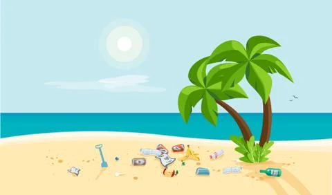 Garbage Pollution Trash on the Sea Sand Beach. Stock Illustration