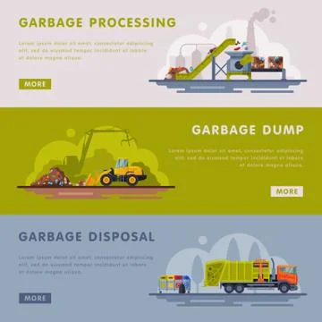Garbage Processing, Dump, Disposal Landing Page Templates Set, Waste Processing Stock Illustration