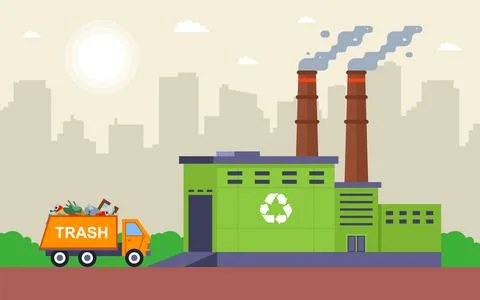 Garbage processing plant. garbage truck rides with waste. Stock Illustration