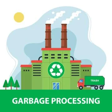 Garbage processing plant with a pipe. truck waste delivery. Illustrazione stock