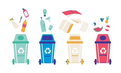 Garbage recycle. Trash bin for different type of waste. Dustbins with metal and Illustrazione stock