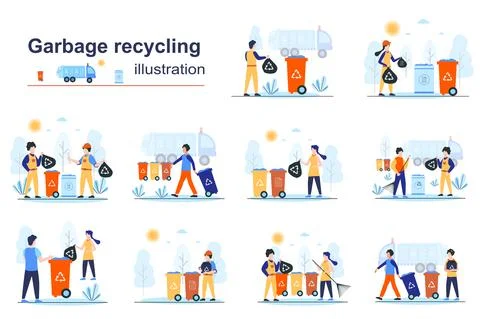 Garbage recycling concept scenes seo with tiny people in flat design. Men and Stock Illustration