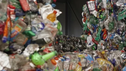 Garbage Recycling Factory, Plastic cubes for recycle Plant, Bales of pressed Stock Footage 231035093