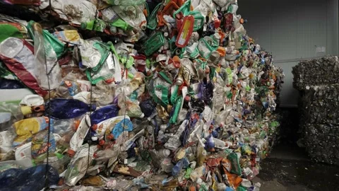 Garbage Recycling Factory, Plastic cubes for recycle Plant, Bales of pressed Stock Footage 231927251
