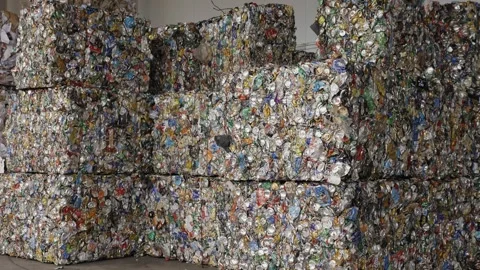 Garbage Recycling Factory, Plastic cubes for recycle Plant, Bales of pressed Stock Footage 258277529