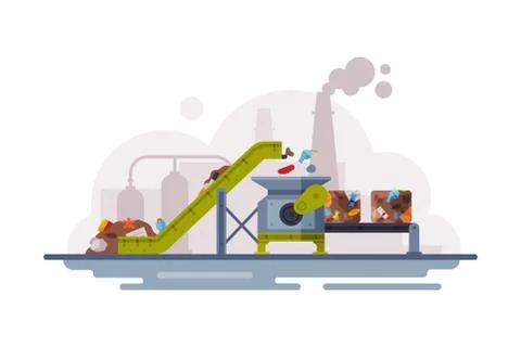 Garbage Recycling Technological Process, Waste Sorting Plant with Conveyor Line Stock Illustration