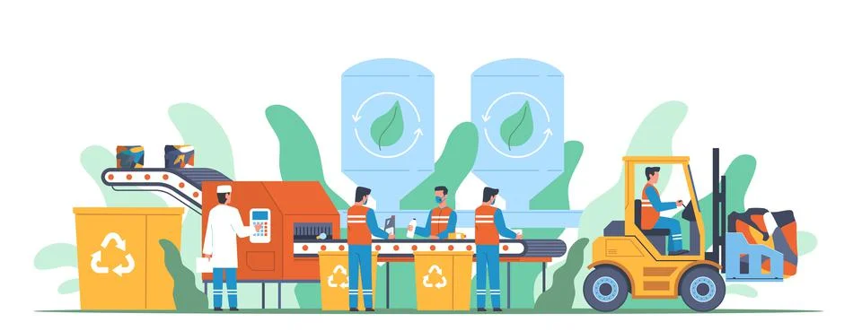 Garbage recycling. Waste sorting machine, trash conveyor, getting recyclables Stock Illustration