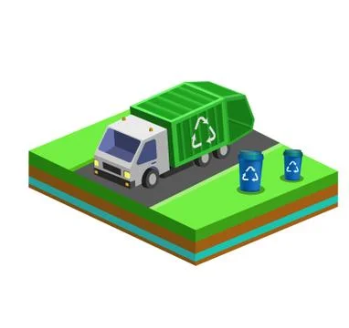 Garbage Removal with Isometric bins and City Truck. Vector illustration Stockillustratie