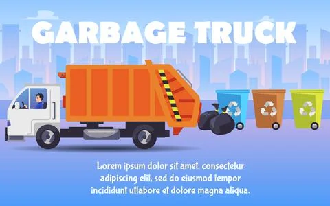 Garbage removal services banner with garbage truck flat vector illustration. Stock Illustration
