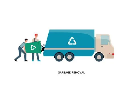 Garbage removal workers emptying recycling bin trash into truck Stock Illustration