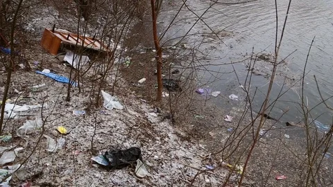 The garbage in the river Stock Footage 74780448