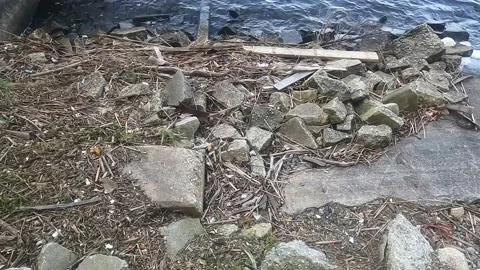 Garbage in the river Stockbeeldmateriaal 155753244