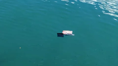 Garbage rubbish floating on surface ocean fish swimming on tropical island in Stock Footage 345415246