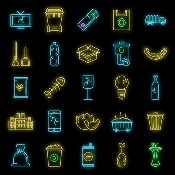 Garbage rubbish icons set vector neon Stock Illustration