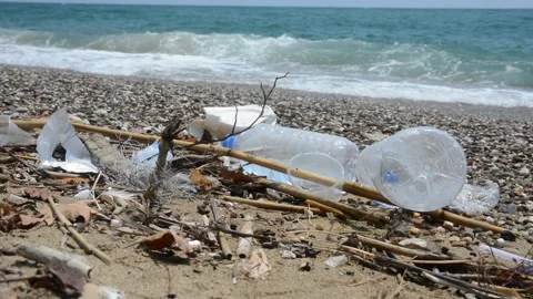 Garbage on the sea beach. A man-made garbage in the sea Stock Footage 202275139