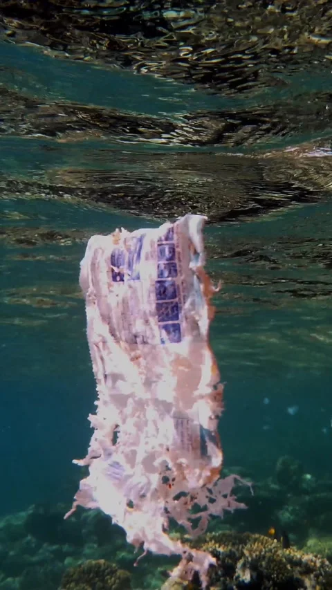 Garbage in the sea. Plastic pollution of the sea. used, white plastic bag slowly Stock Footage 315218388