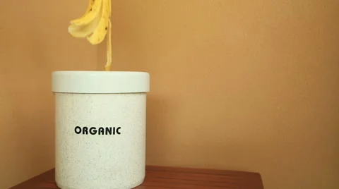 Garbage separation. Hands throwing apple and banana peel into the trash Stock Footage 66346844