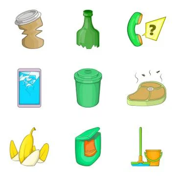 Garbage service cleaning icon set, cartoon style Stock Illustration