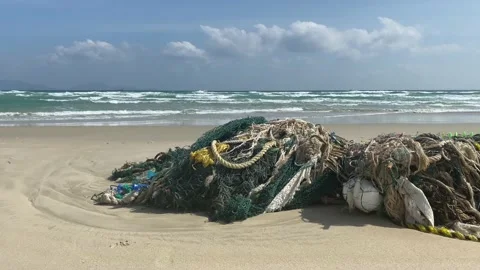 Garbage on the shore of a beautiful sea beach, environmental pollution. Stock Footage 123786147
