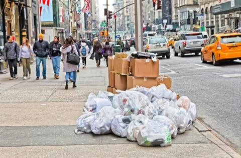 Garbage sorted and ready for pickup, on the streets of Manhattan, New York Stock Photos
