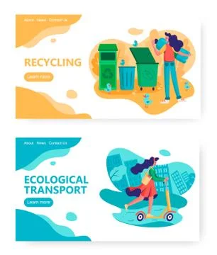 Garbage sorting and plastic recycle concept illustration. Young girl on a 库存插图
