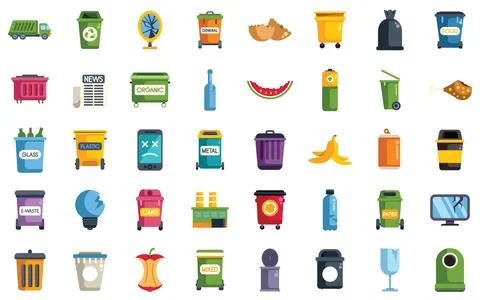 Garbage sorting and recycling bins with sorted waste icons set Stock Illustration