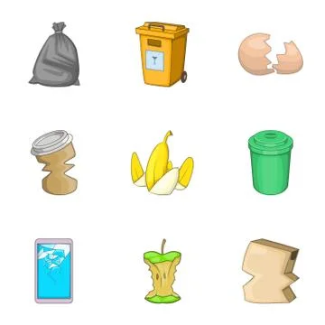 Garbage sorting concept icons set, cartoon style Illustrazione stock