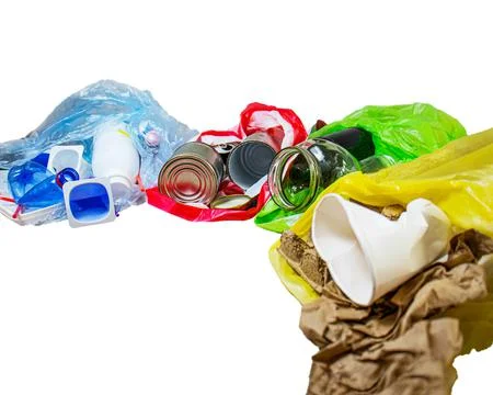 Garbage sorting concept,multi-colored bags with sorted garbage on isolated Stock Photos