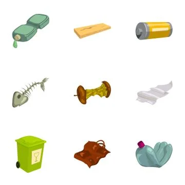 Garbage sorting icons set, cartoon style Stock Illustration