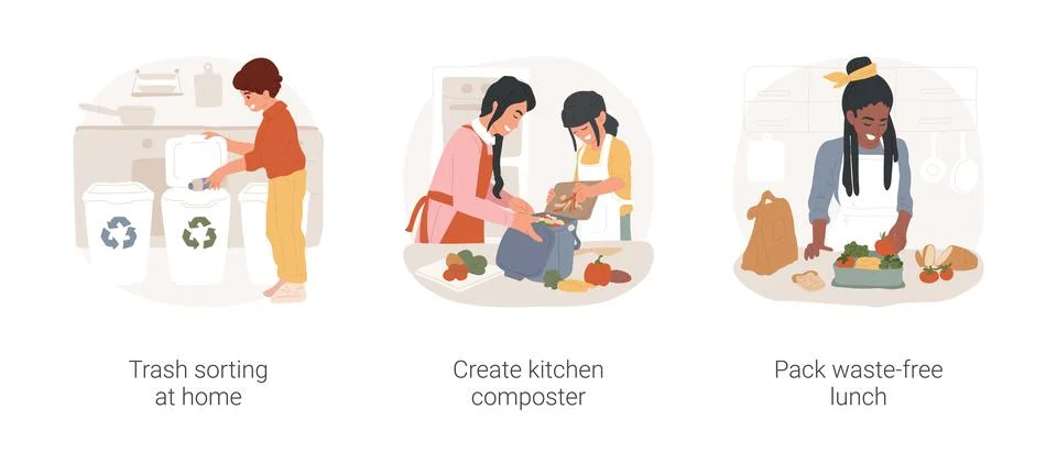 Garbage sorting isolated cartoon vector illustration set. Stock Illustration