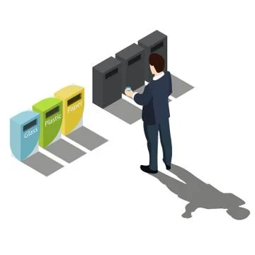 Garbage sorting. Man in a business suit decides where to drop a glass. No name Stock Illustration