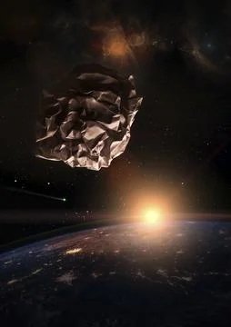 Garbage in space concept. Crumbled paper meteorite over the dark planet Earth at Stock Illustration