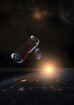 Garbage in space concept. Soda tin cans over the dark planet Earth at sunrise. A Ilustração Stock