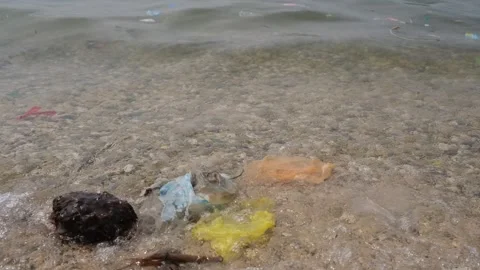 Garbage trash styrofoam being washed to the shore Stock Footage 300067046