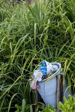 Garbage on tropical beach. 스톡 사진