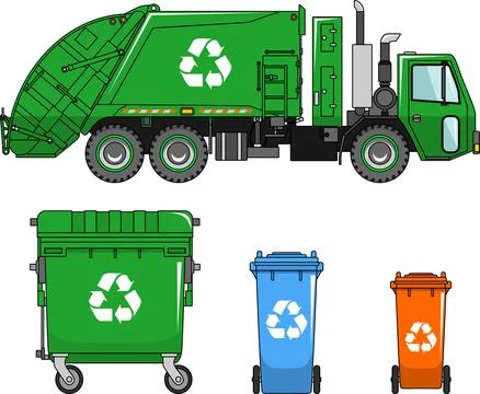 Garbage truck and different types of dumpsters on a white background Illustrazione stock