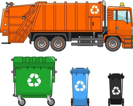 Garbage truck and different types of dumpsters on a white background Stock Illustration