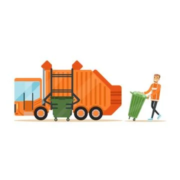 Garbage truck driver loading recycle bin into garbage collector truck, waste Stock Illustration