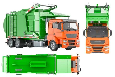 Garbage truck with front loader, multiple views. 3D rendering Stock Illustration
