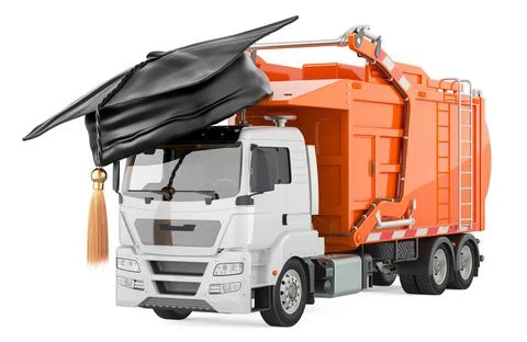 Garbage Truck with graduation hat. 3D rendering Stock Illustration